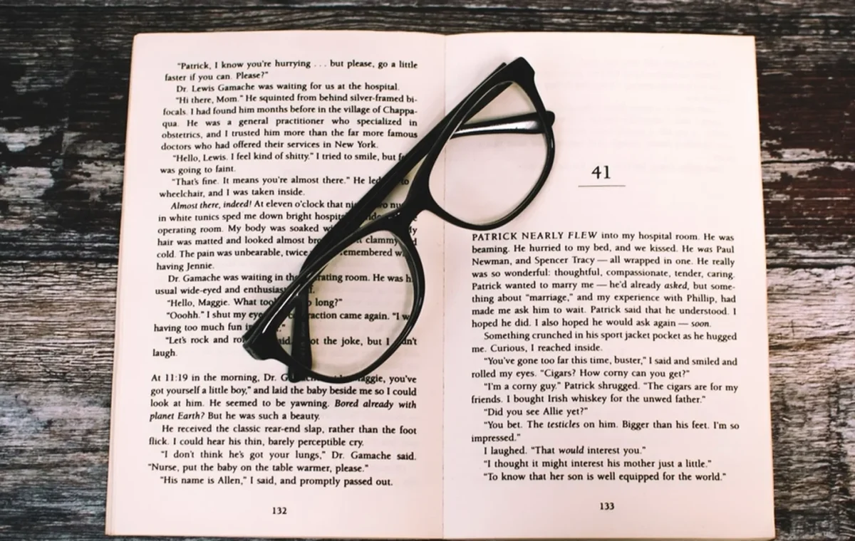 Reading glasses lying on an open book