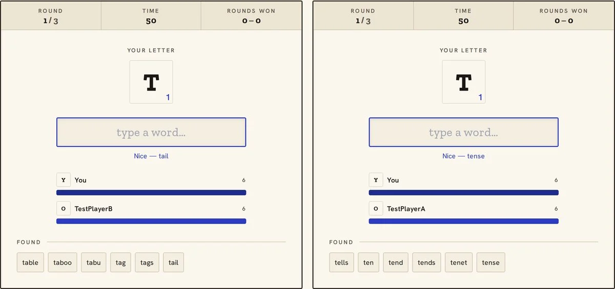 Two 1v1 Live screens side by side in round 1 of 3 on the letter T, 50 seconds left, each showing six of its own found words and the other player's count of 6