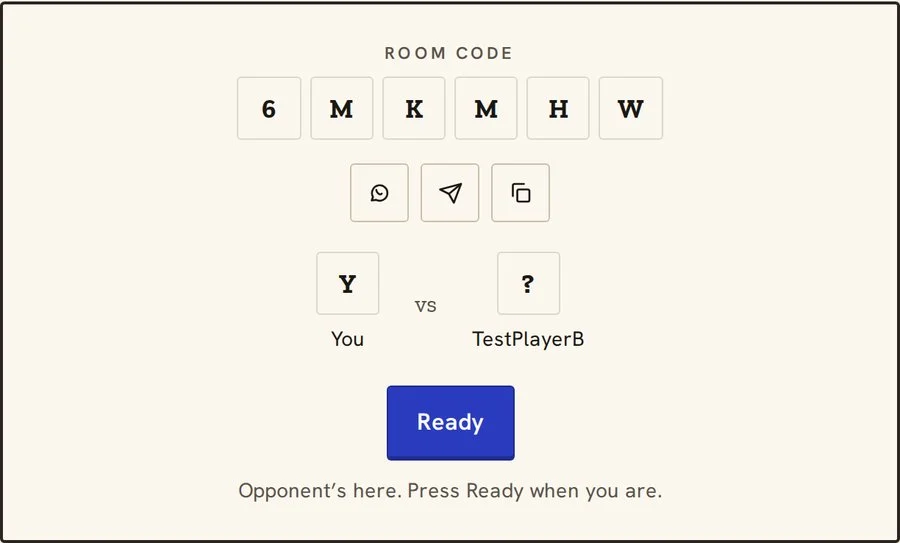 1v1 Live lobby showing a six-character room code, WhatsApp, share and copy buttons, You vs TestPlayerB, a Ready button and the message Opponent's here. Press Ready when you are.