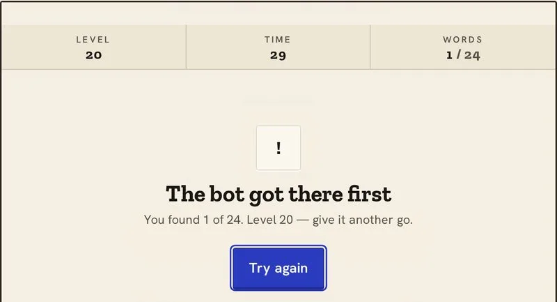 Find the Word screen reading The bot got there first, 1 of 24 words found on level 20