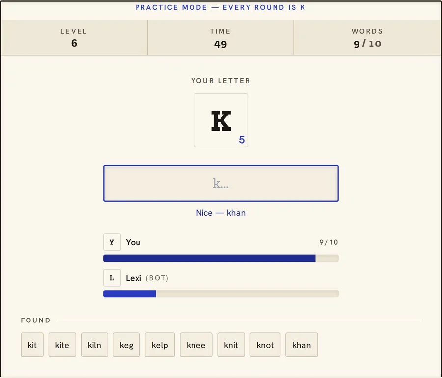 Find the Word practice screen locked to the letter K at level 6, showing 49 seconds left, 9 of 10 words found and a found list of kit, kite, kiln, keg, kelp, knee, knit, knot and khan