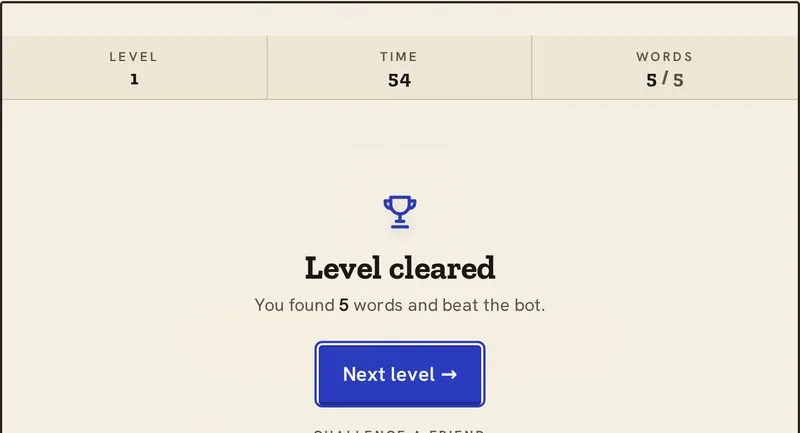 Find the Word level cleared screen showing five words found