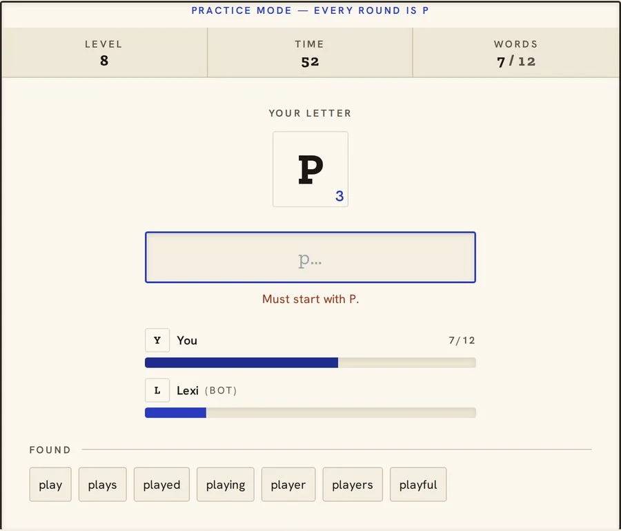 Find the Word practice round on P at level 8 listing play, plays, played, playing, player, players and playful, with the message Must start with P after replay was typed