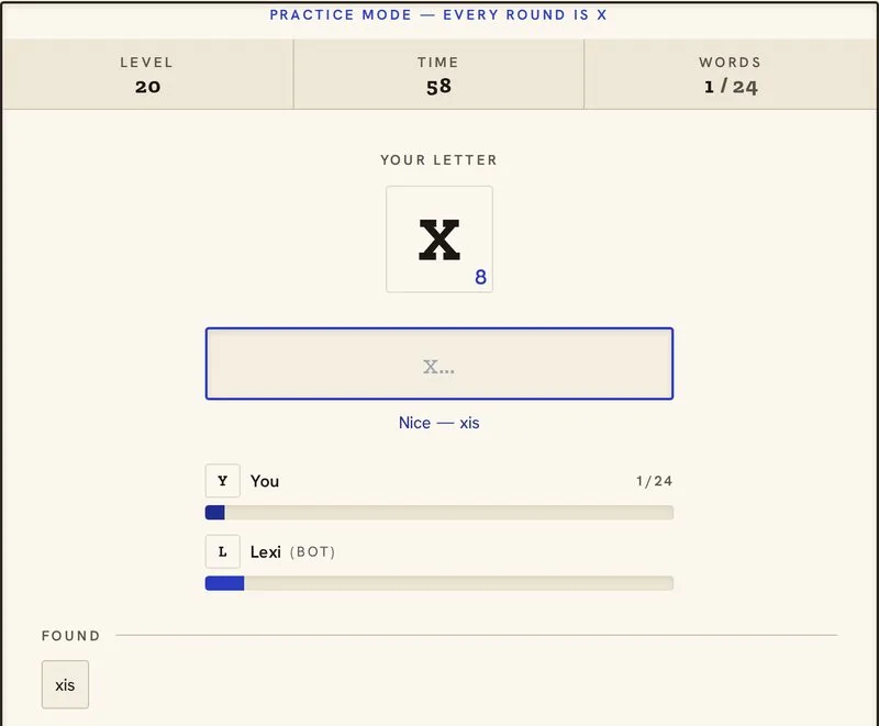 Find the Word practice round locked to X on level 20, with xis found