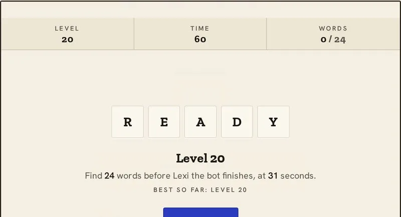 Find the Word start screen for level 20: find 24 words before Lexi the bot finishes, at 31 seconds