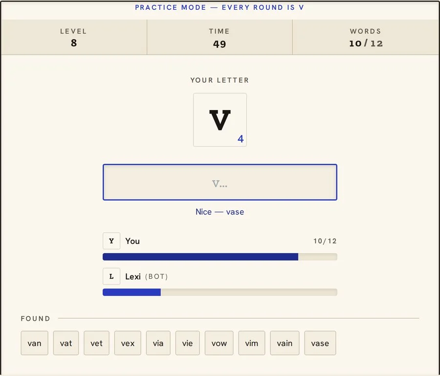 Find the Word practice screen locked to the letter V at level 8, showing 10 of 12 words found: van, vat, vet, vex, via, vie, vow, vim, vain and vase