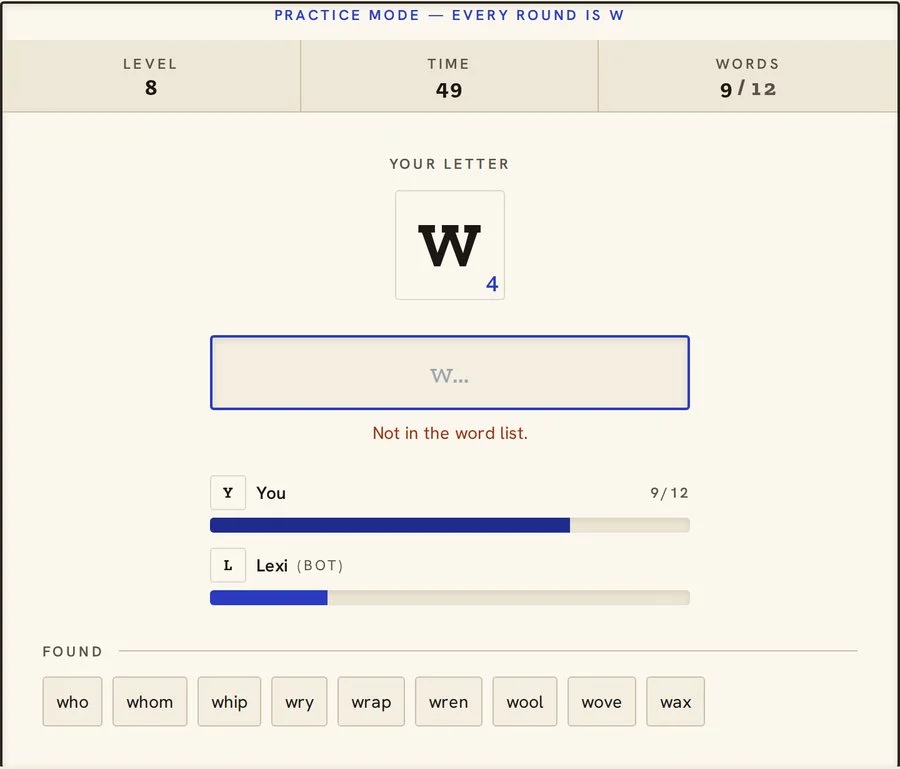 A Find the Word practice round on W with nine words found, including who, wrap and wren, and the message Not in the word list under the entry wifi