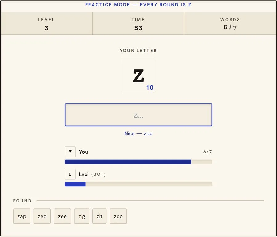 Find the Word practice round locked to Z at level 3, showing six accepted words, zap, zed, zee, zig, zit and zoo, against a target of seven