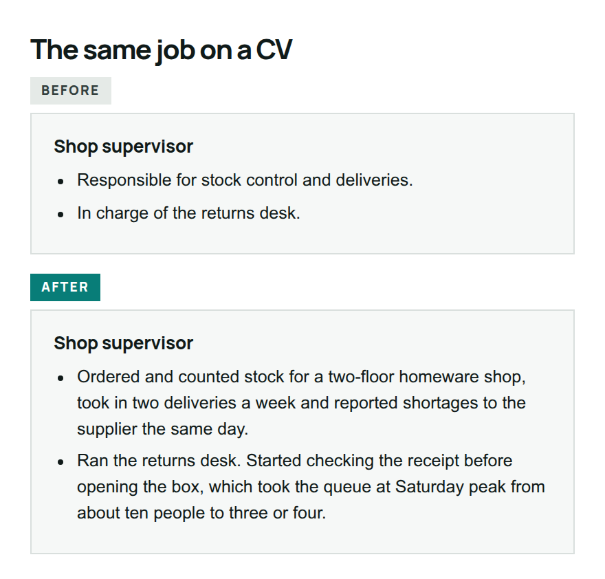 A shop supervisor's CV entry shown twice: two duty bullets before, and the same two rewritten with specific detail after