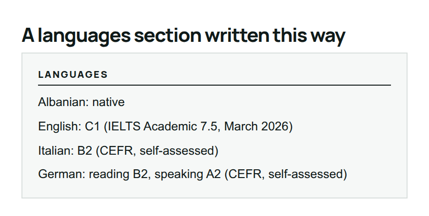 A CV languages section with four lines: Albanian native, English C1 with an IELTS score, Italian B2 self-assessed, German reading B2 and speaking A2