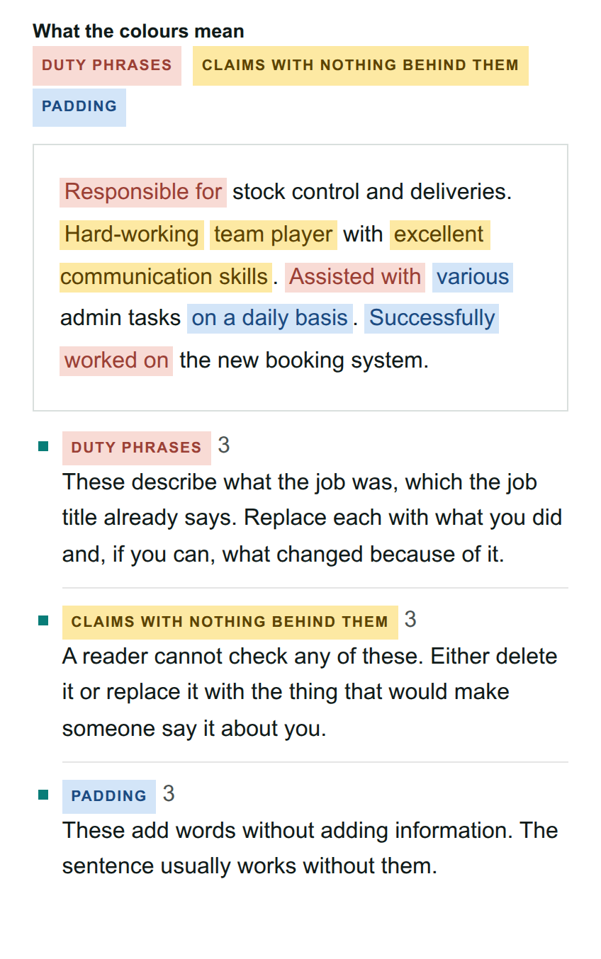The CV wording checker's result on four sample bullets, with nine phrases highlighted in three colours