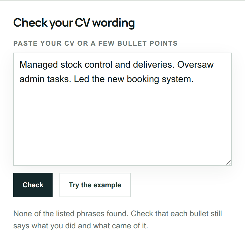 The CV wording checker with three bullets that begin Managed, Oversaw and Led, reporting that none of the listed phrases were found