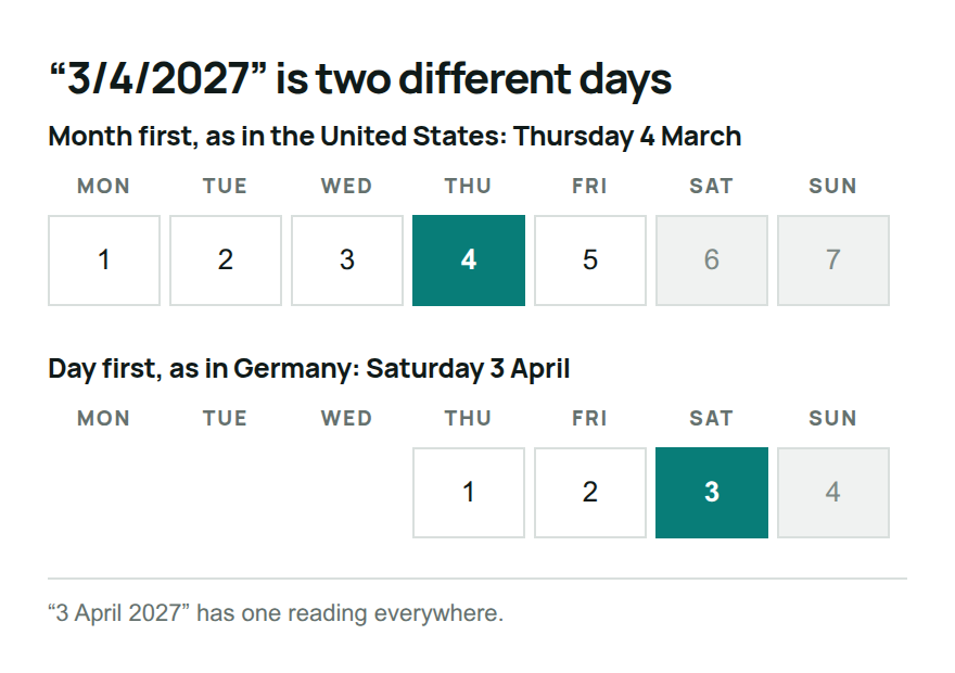 Two calendar rows showing that 3/4/2027 is Thursday 4 March when read month first and Saturday 3 April when read day first