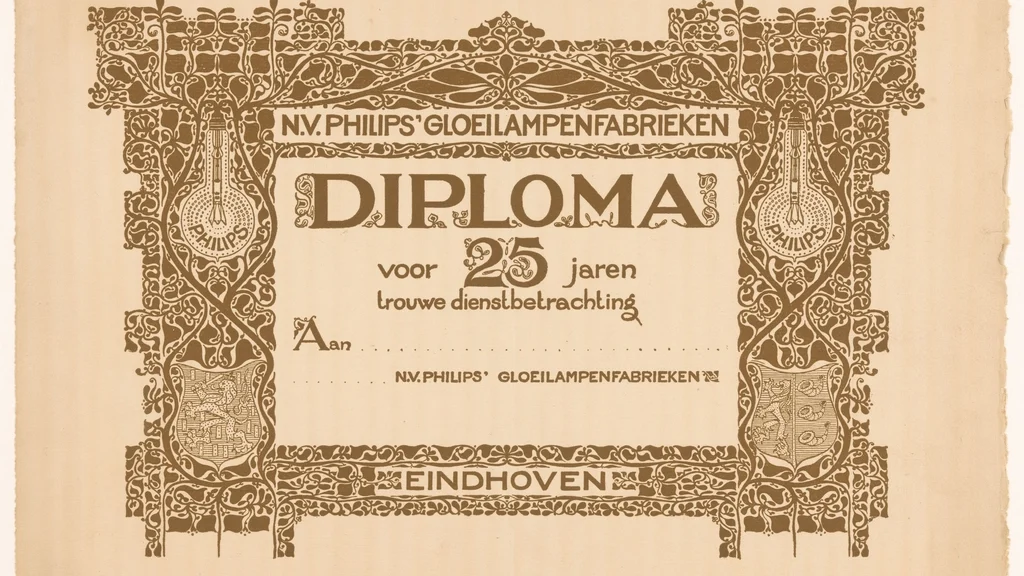 A decorated Dutch diploma of 1916 from the Philips lamp works in Eindhoven, with its wording in Dutch and the name left blank