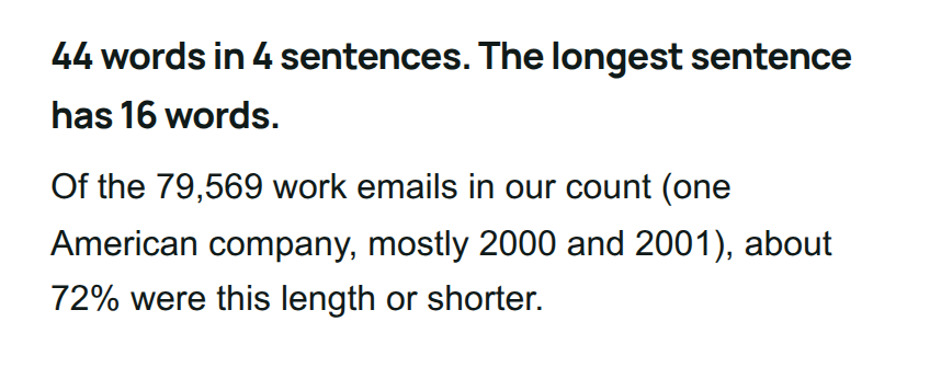 The email length tool's result for the example: 44 words in 4 sentences, with about 72 percent of the counted emails this length or shorter