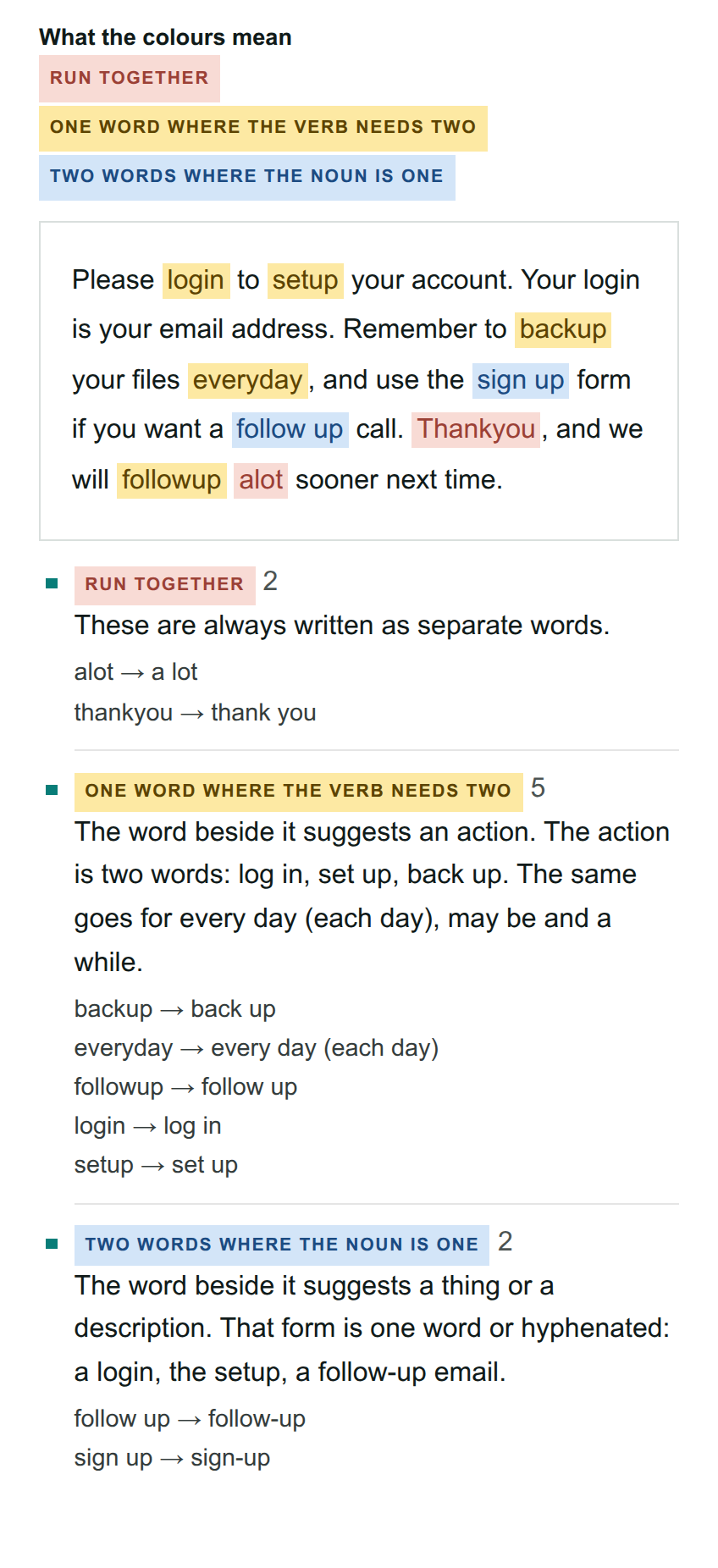 The one-word-or-two checker's result on the example text, with nine mistakes highlighted and their fixes listed