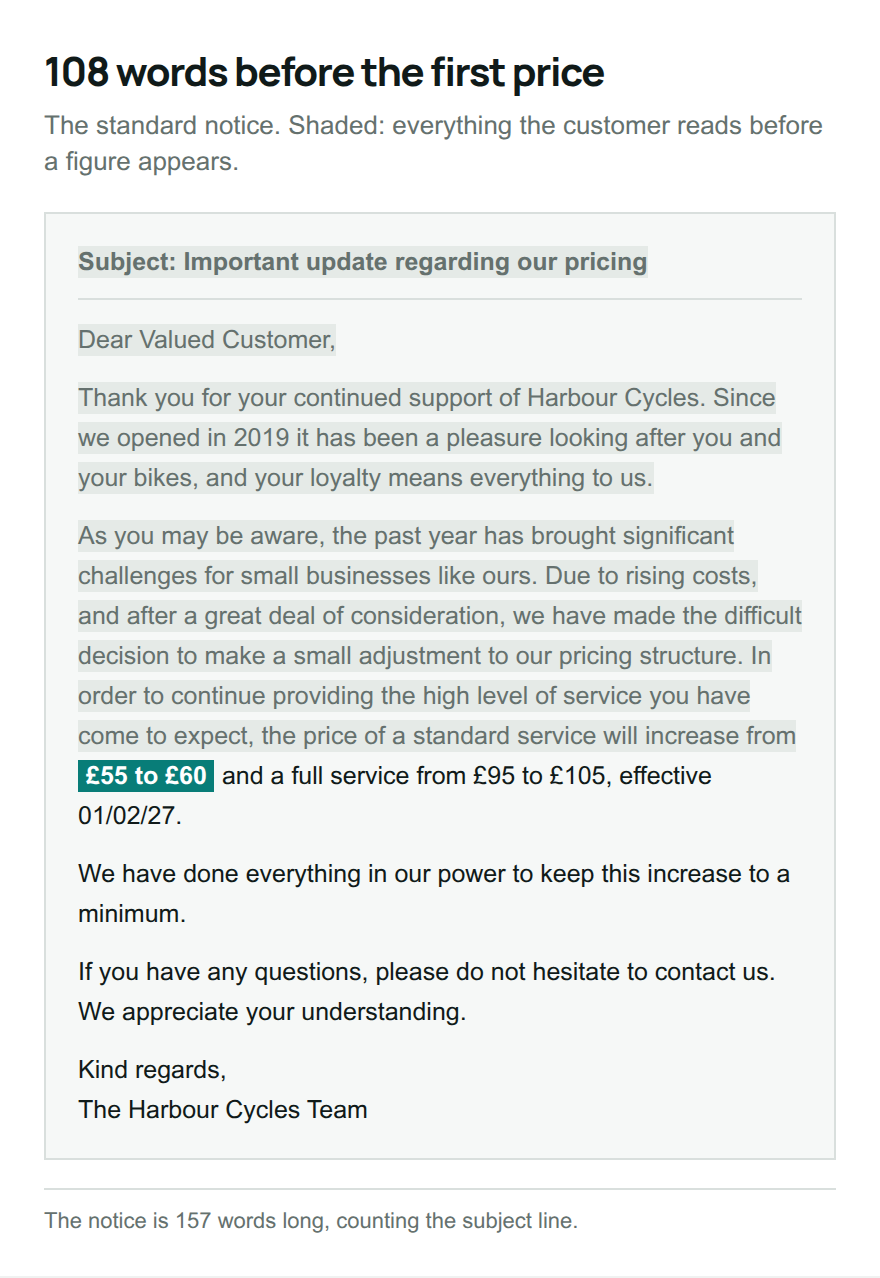 The standard price increase notice with the first 108 of its 157 words shaded, up to the first mention of a price