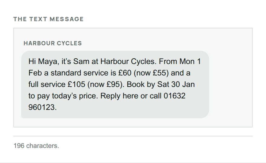 The price notice as a text message from Harbour Cycles