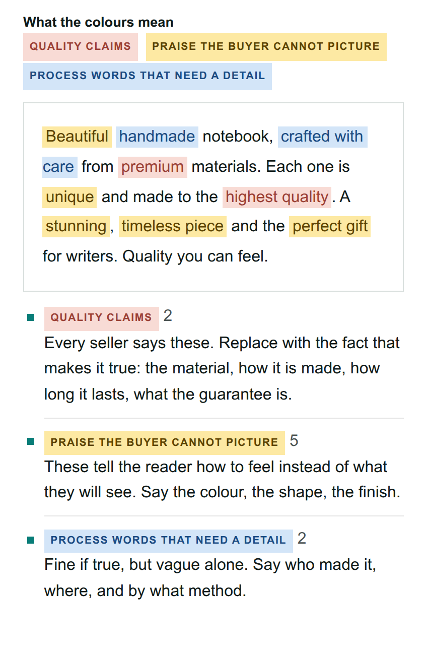 The adjective checker's result on an example product description, with nine words and phrases highlighted