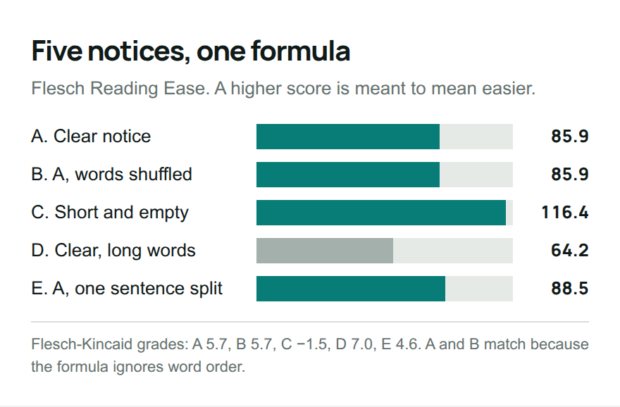 Bar chart of Flesch Reading Ease for five notices: the clear notice and its shuffled version both score 85.9, and the empty one scores highest at 116.4