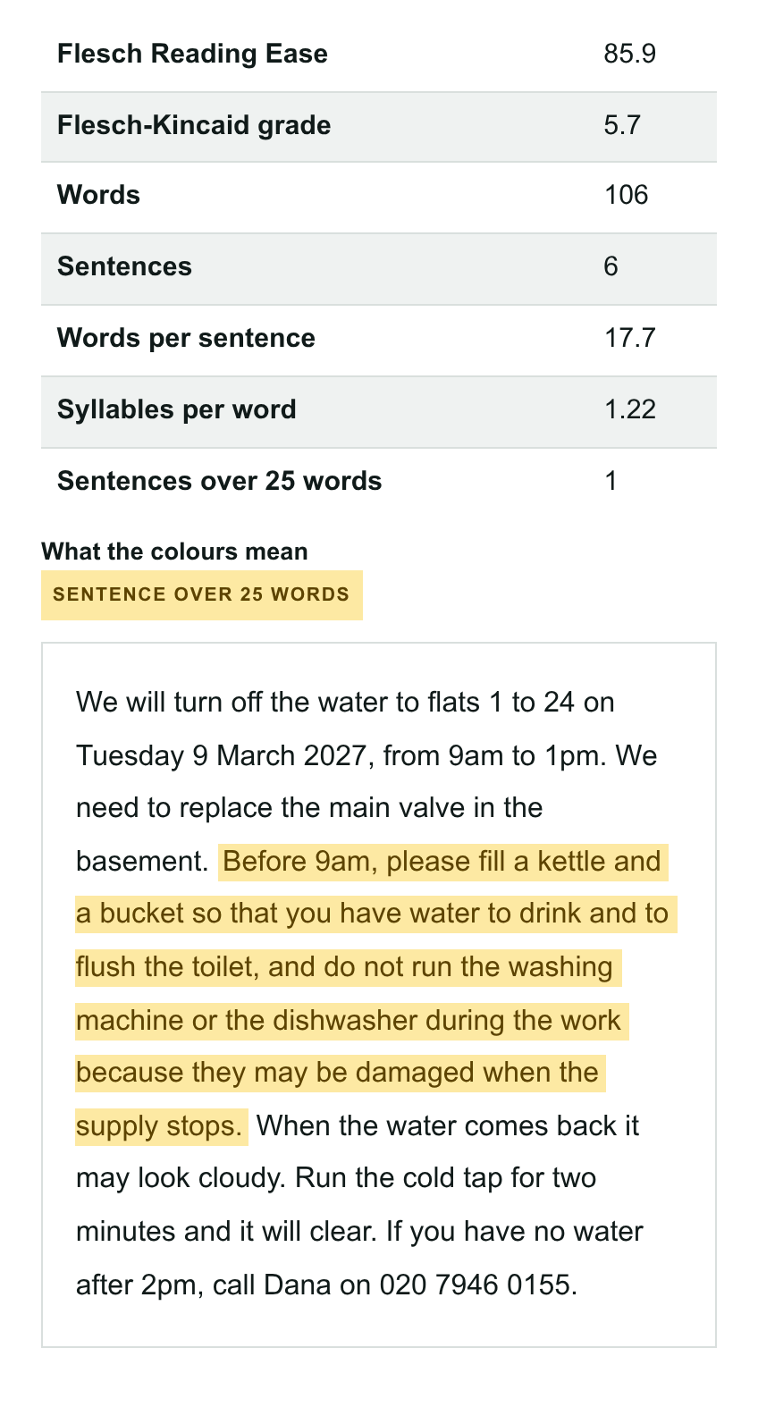 The readability tool's result for notice A: Reading Ease 85.9 and grade 5.7, with the 43-word sentence highlighted