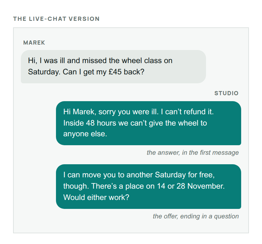 A live chat in which the studio refuses the refund in its first message and offers another date in its second