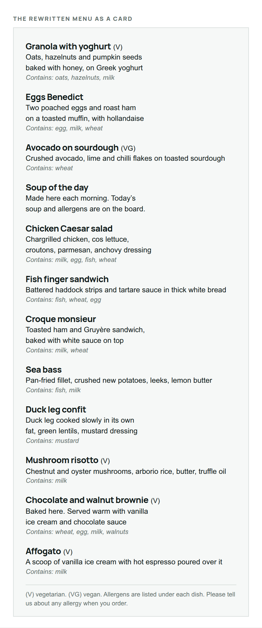 The rewritten twelve-dish cafe menu laid out as a printed card, each dish with its description and, for all but the soup, a Contains line