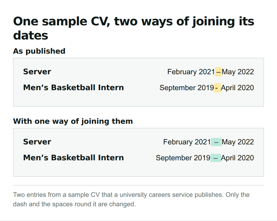 Two entries from a sample CV. As published: Server, February 2021, an en dash with no spaces, May 2022; Men’s Basketball Intern, September 2019, a hyphen and a space, April 2020. Below, both ranges joined by an en dash with a space on each side