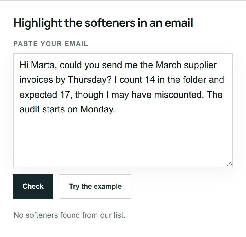 The same checker with the rewritten email pasted in, reporting that no softeners from its list were found