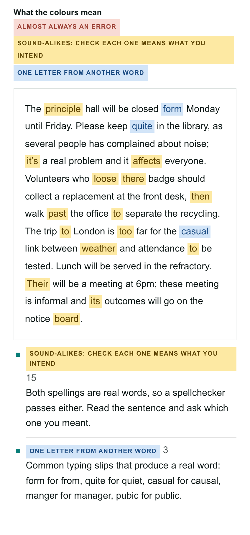 Our checker's result on most of the corrected notice, with eighteen sound-alike words highlighted
